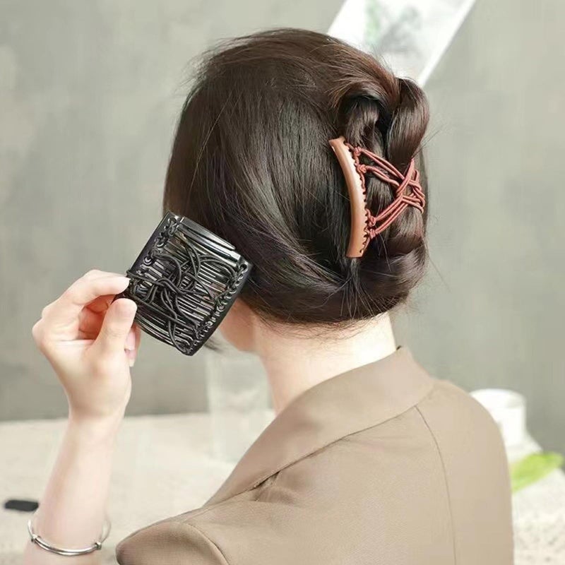 LINYUEARUI 4pcs adjustable elastic wrinkle free double comb hair clip, wrinkle free hair clip, vintage hair bundle maker, suitable for curly thick ponytails (black, brown) - Image 3